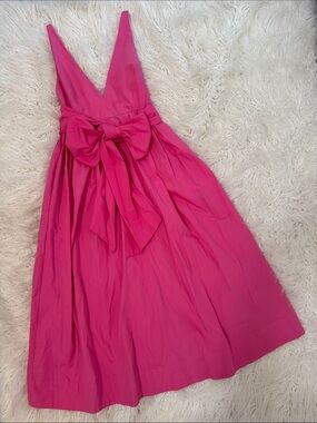 Zara Bubblegum Pink Deep V Midi Dress with Statement Waist Bow and side pockets.